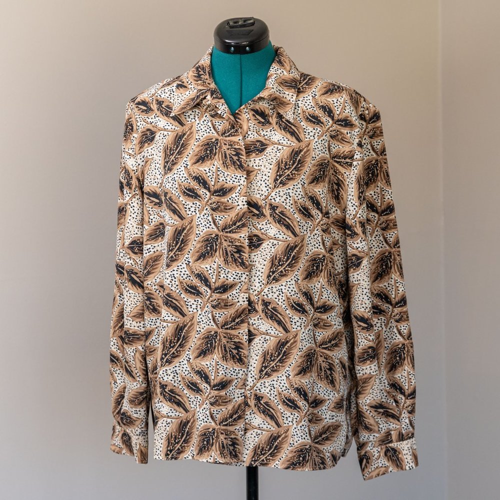 Vintage Brown and Cream Leaf and Polka Print Blouse Size 14